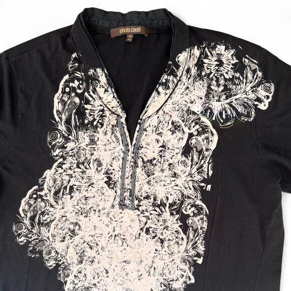 Roberto Cavalli Graphic Print Black Cotton Top T-Shirt Italy Size L - Picture 2 of 6